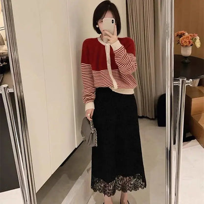Summer New Water-Soluble Lace Skirt For Women Elegant Flower Embroidery Hollow Out Skirts Temperament Office Lady Midi Jupe 863P