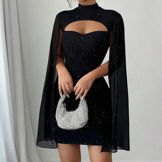2025 Autumn Shawl Sleeves Temperament Elegant Women Dress Sexy Black Slim Pencil Mini Dress for Women Clothing Vestidos De Mujer