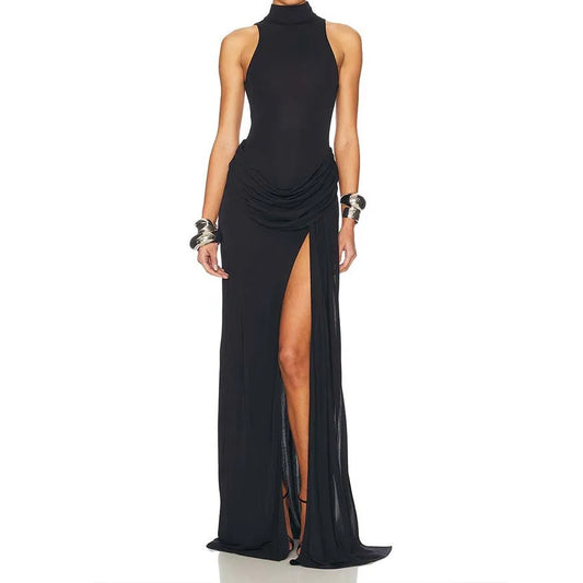 Round neck sleeveless long dress with fashionable temperament, pleated slit hip hugging dress