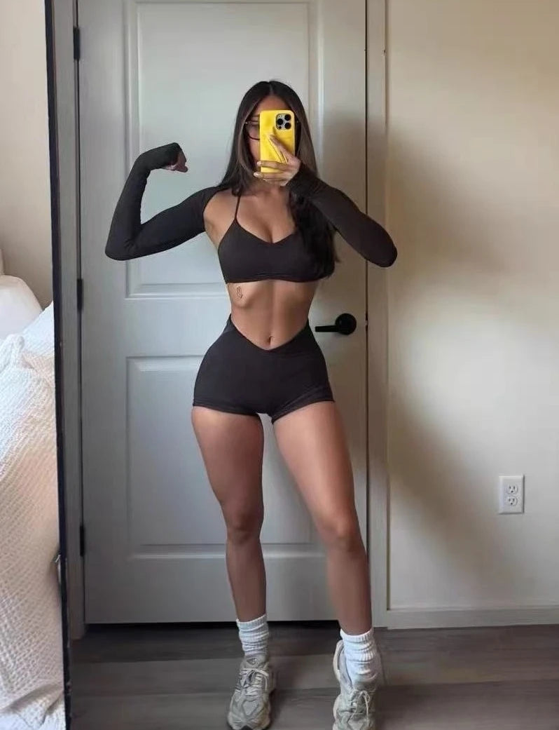 New seamless cross waist bra for women, long sleeved shawl yoga shorts, hip lifting pants, fitness yoga suit set