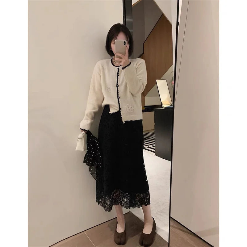 Summer New Water-Soluble Lace Skirt For Women Elegant Flower Embroidery Hollow Out Skirts Temperament Office Lady Midi Jupe 863P