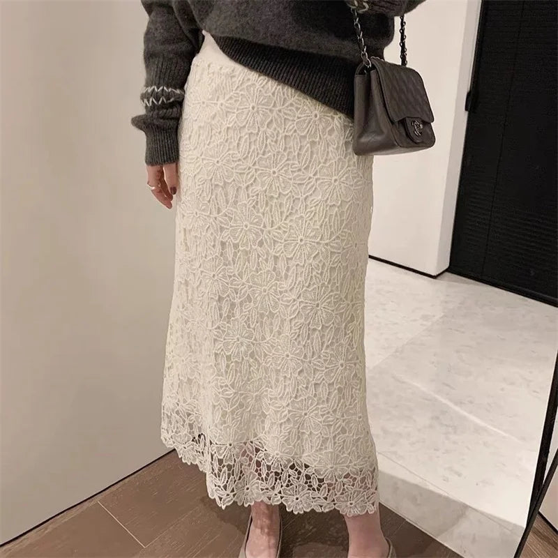 Summer New Water-Soluble Lace Skirt For Women Elegant Flower Embroidery Hollow Out Skirts Temperament Office Lady Midi Jupe 863P