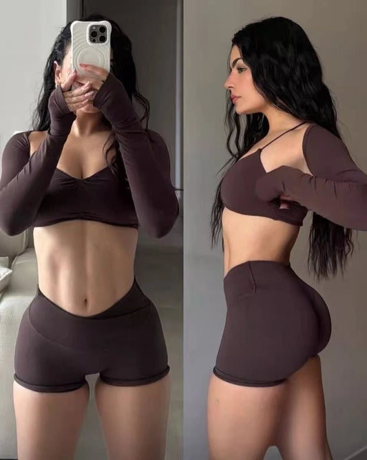 New seamless cross waist bra for women, long sleeved shawl yoga shorts, hip lifting pants, fitness yoga suit set