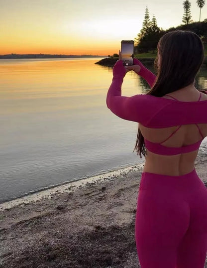 New seamless cross waist bra for women, long sleeved shawl yoga shorts, hip lifting pants, fitness yoga suit set