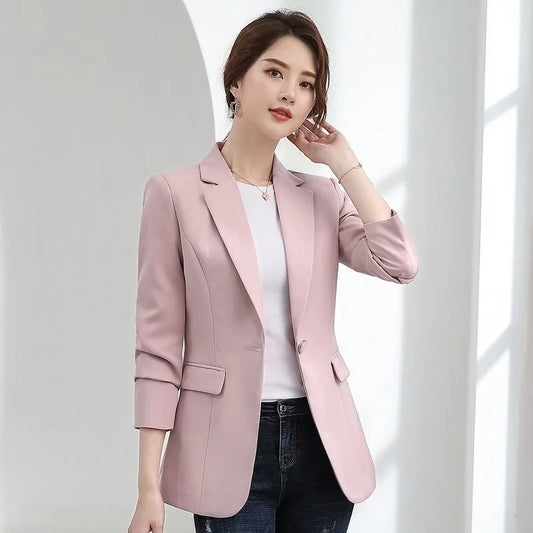 2025 Autumn New Arrival Women's Pink Blazer-Stylish Slim-Fit Formal Jacket with Black Matching Outfit, Elegant Professional Wear
