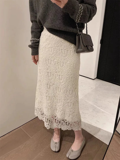 Summer New Water-Soluble Lace Skirt For Women Elegant Flower Embroidery Hollow Out Skirts Temperament Office Lady Midi Jupe 863P