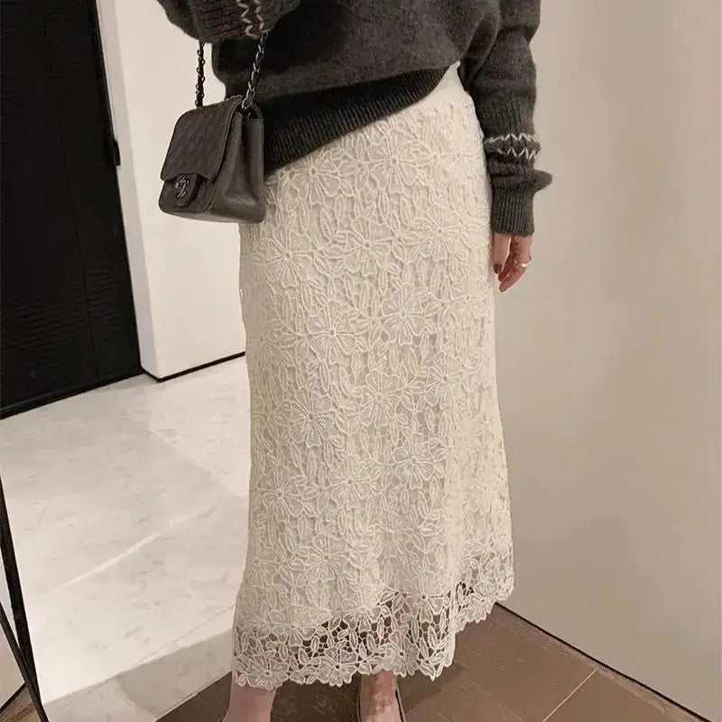 Summer New Water-Soluble Lace Skirt For Women Elegant Flower Embroidery Hollow Out Skirts Temperament Office Lady Midi Jupe 863P