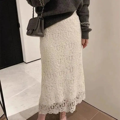 Summer New Water-Soluble Lace Skirt For Women Elegant Flower Embroidery Hollow Out Skirts Temperament Office Lady Midi Jupe 863P