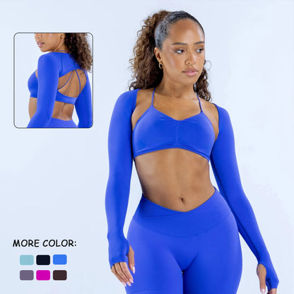 New seamless cross waist bra for women, long sleeved shawl yoga shorts, hip lifting pants, fitness yoga suit set