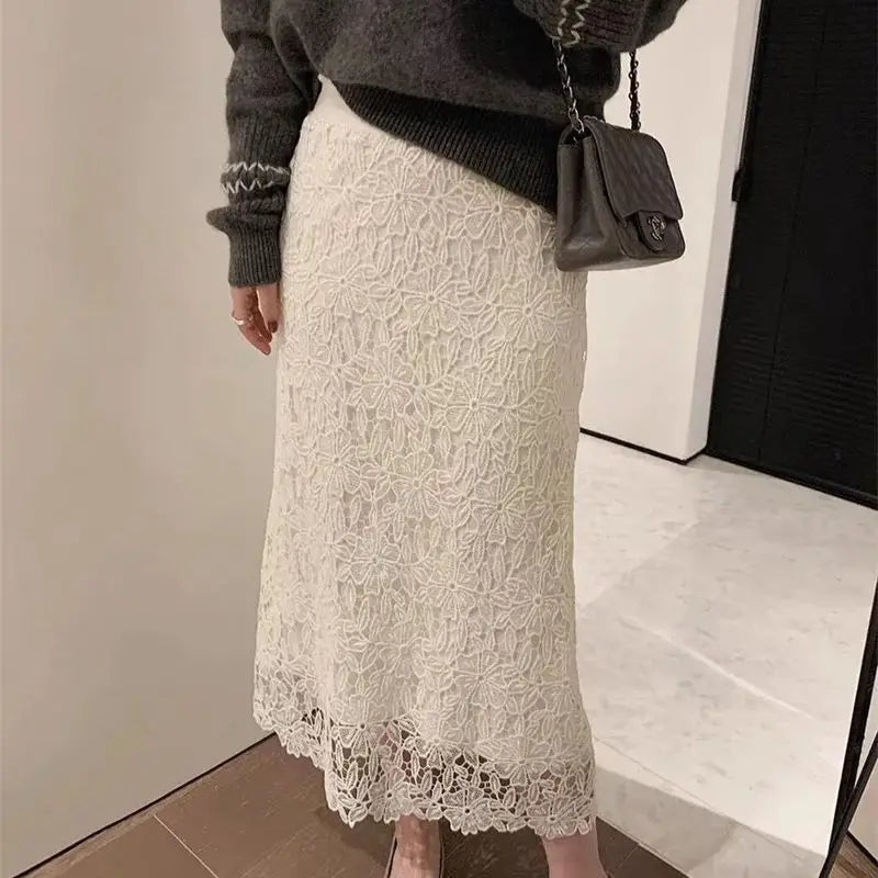 Summer New Water-Soluble Lace Skirt For Women Elegant Flower Embroidery Hollow Out Skirts Temperament Office Lady Midi Jupe 863P