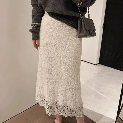 Summer New Water-Soluble Lace Skirt For Women Elegant Flower Embroidery Hollow Out Skirts Temperament Office Lady Midi Jupe 863P
