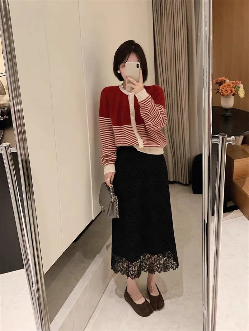Summer New Water-Soluble Lace Skirt For Women Elegant Flower Embroidery Hollow Out Skirts Temperament Office Lady Midi Jupe 863P
