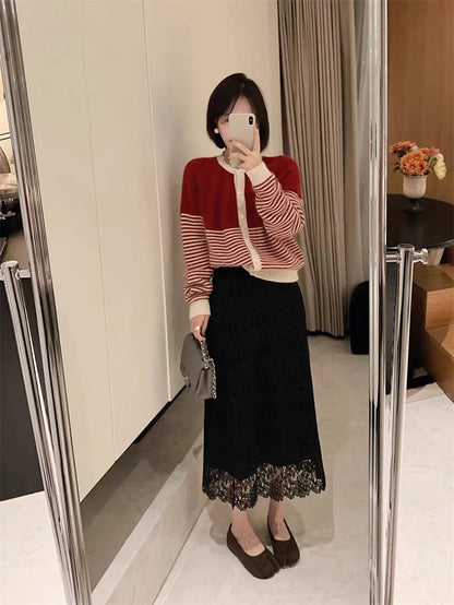 Summer New Water-Soluble Lace Skirt For Women Elegant Flower Embroidery Hollow Out Skirts Temperament Office Lady Midi Jupe 863P