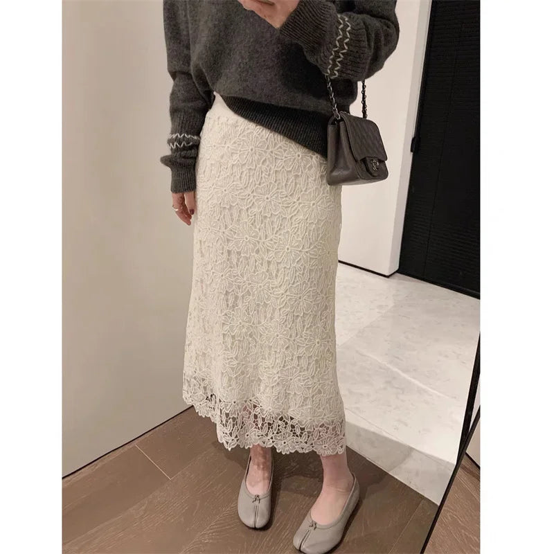Summer New Water-Soluble Lace Skirt For Women Elegant Flower Embroidery Hollow Out Skirts Temperament Office Lady Midi Jupe 863P