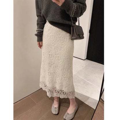 Summer New Water-Soluble Lace Skirt For Women Elegant Flower Embroidery Hollow Out Skirts Temperament Office Lady Midi Jupe 863P