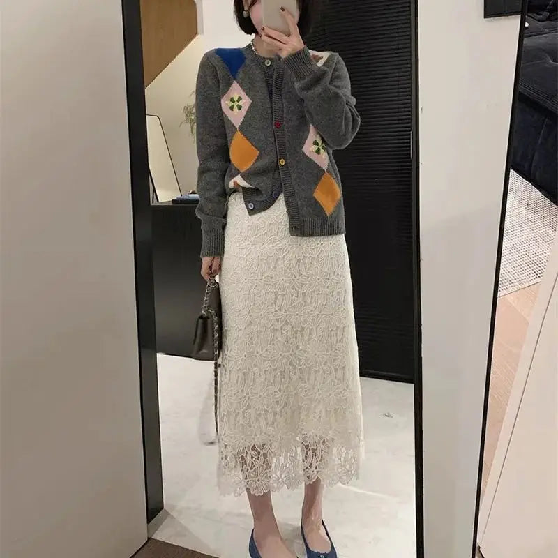Summer New Water-Soluble Lace Skirt For Women Elegant Flower Embroidery Hollow Out Skirts Temperament Office Lady Midi Jupe 863P