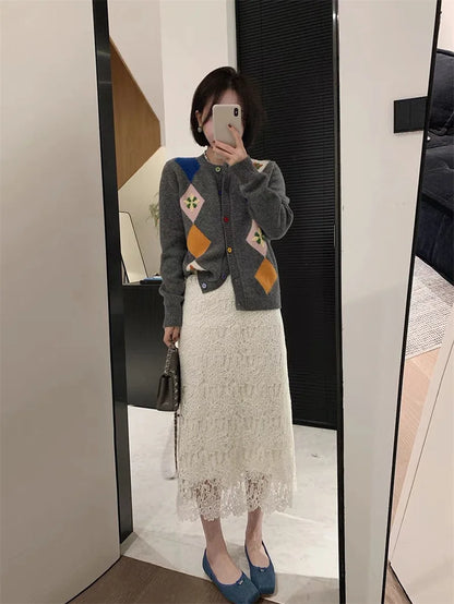 Summer New Water-Soluble Lace Skirt For Women Elegant Flower Embroidery Hollow Out Skirts Temperament Office Lady Midi Jupe 863P